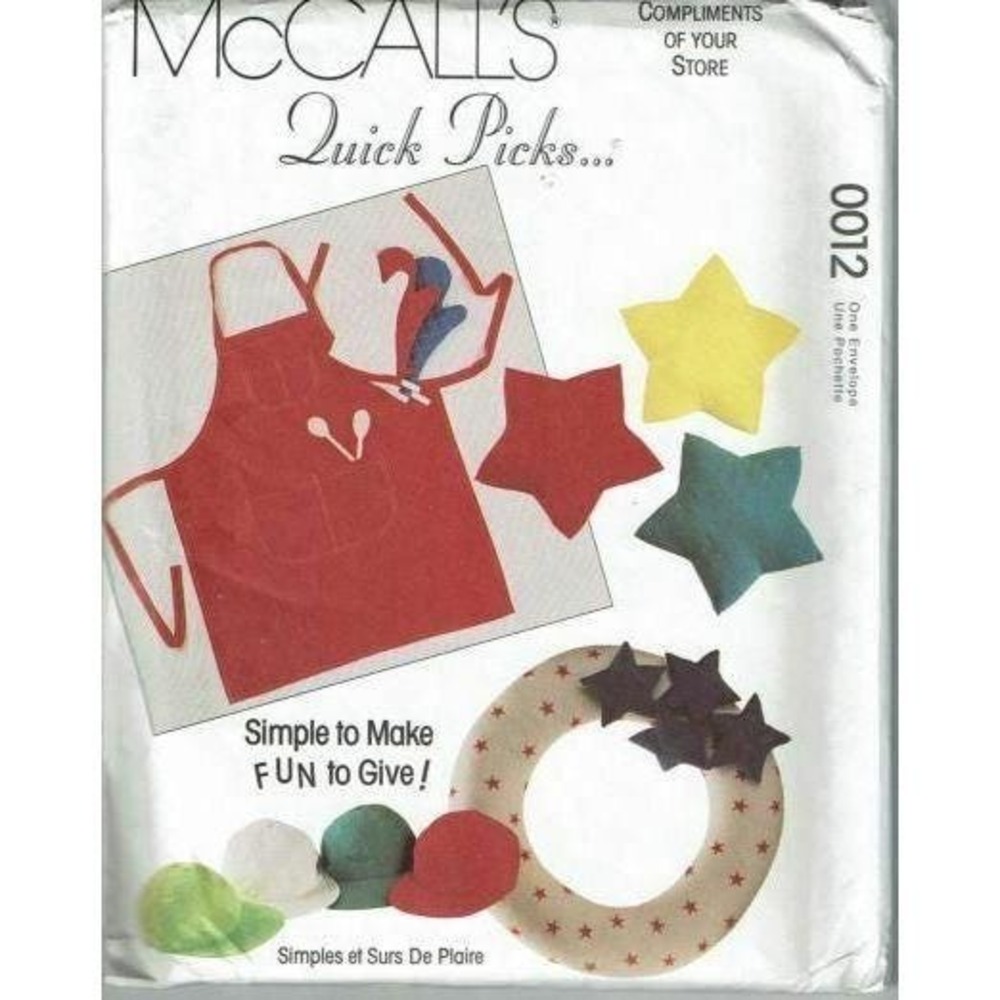 McCalls Sewing Pattern 0012 Pet Pillow Log Carrier Wreath Cap Apron UNCUT